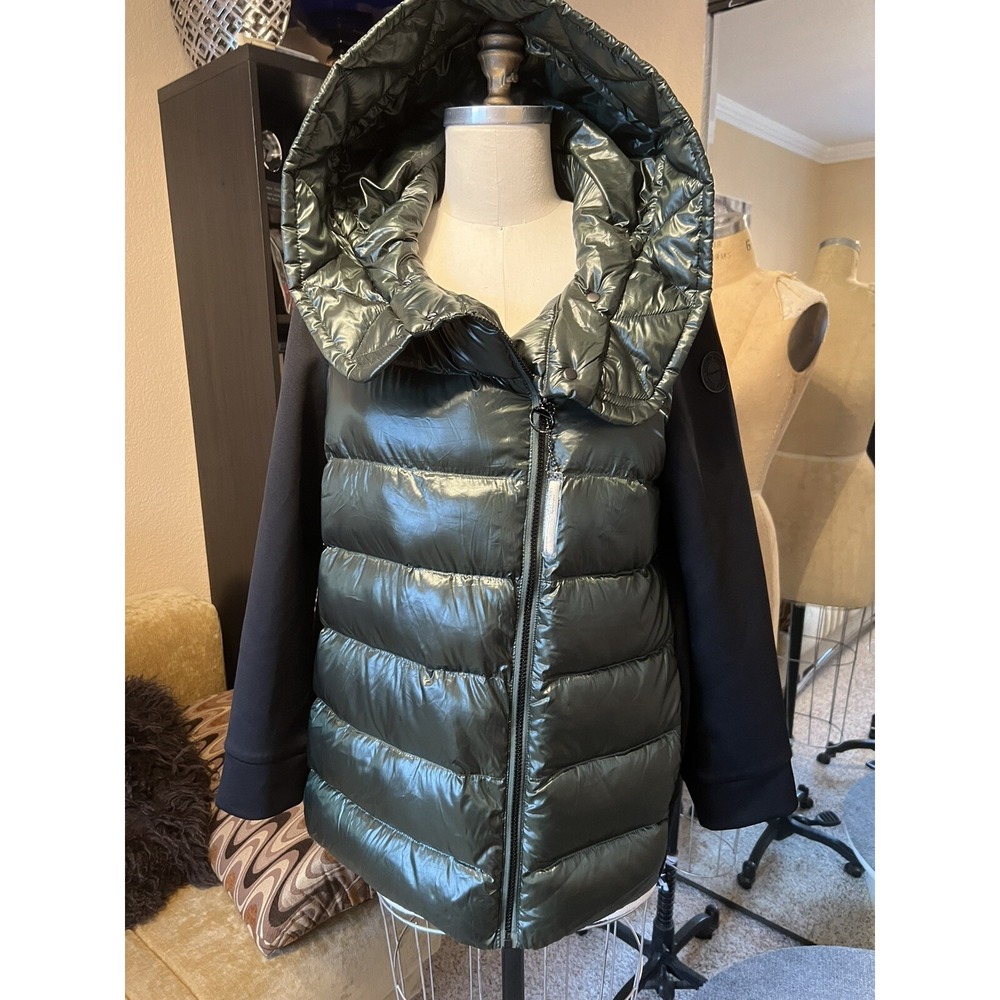 Calvin Klein Athletic Hodded Asymmetrical Zip Down Jacket XL Green Black Quilt